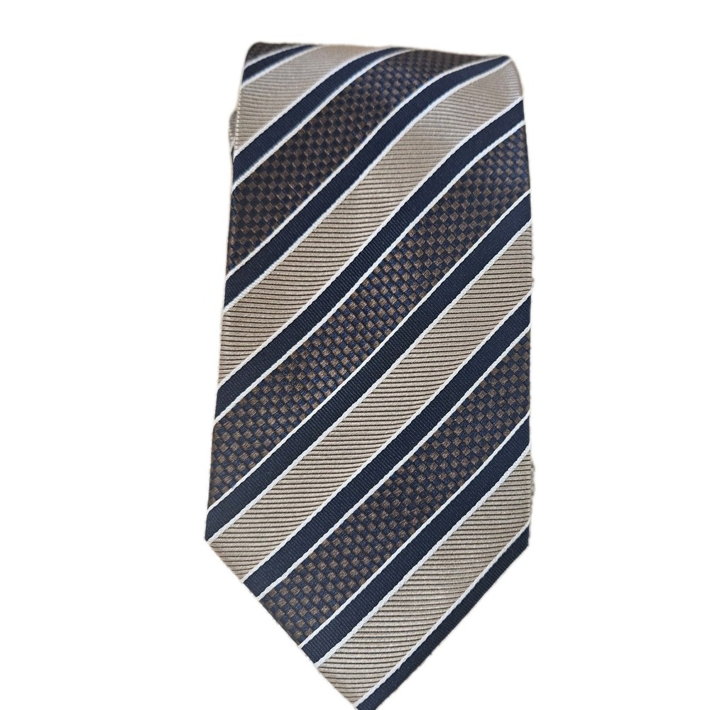 Men's Tie Lombardo Dallas 100% Silk Necktie USA Made Navy Blue/Gold/Beige
